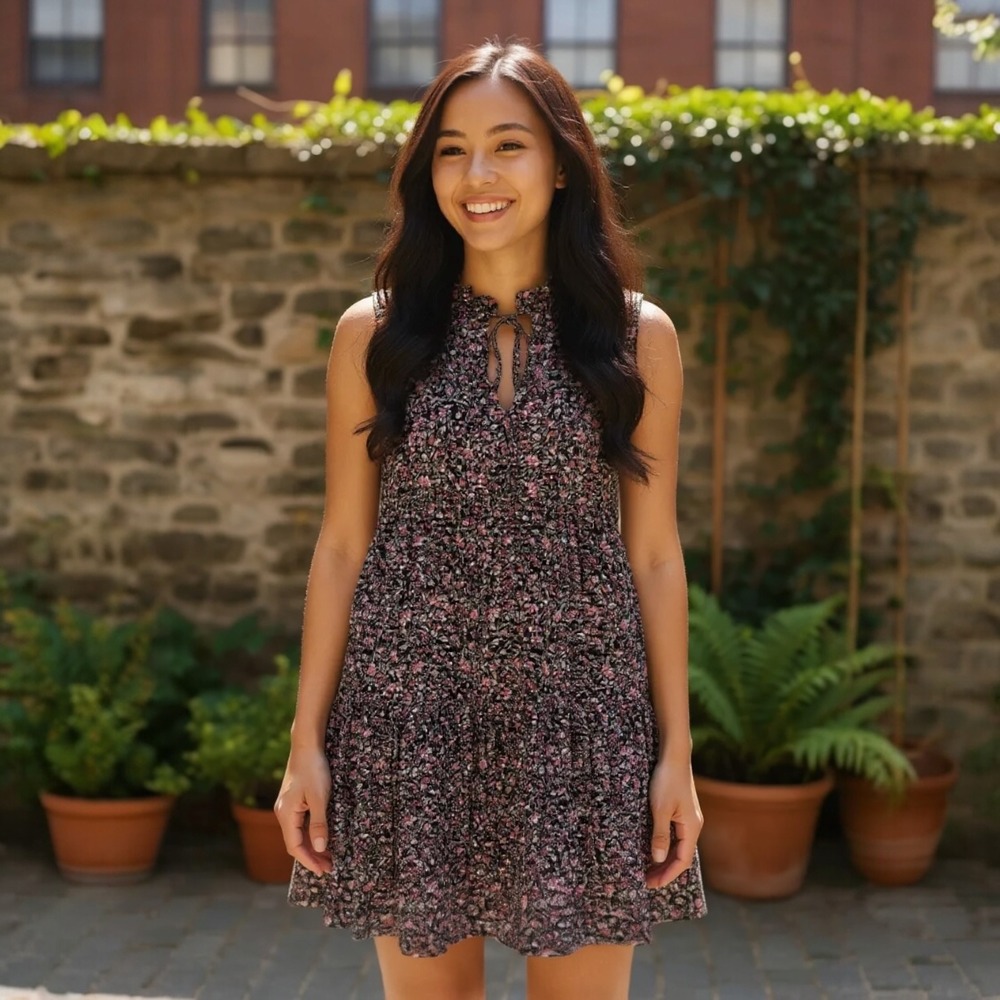 BB Dakota Steve Madden Floral Tiered Short Mini Dress Black Pink BL28140W Medium